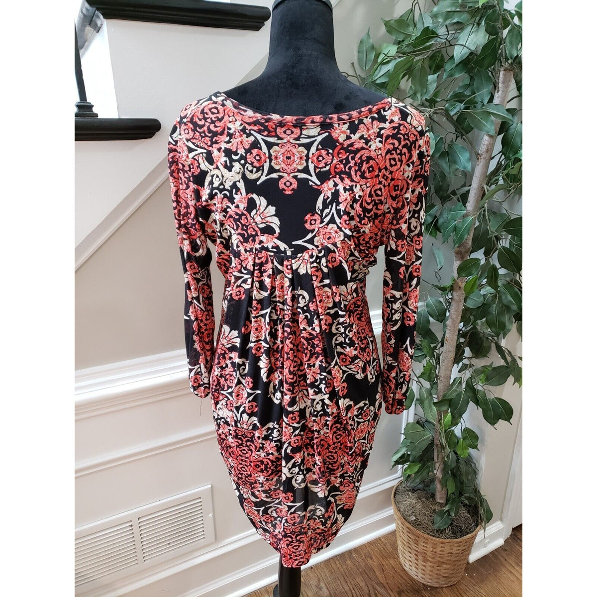 Womens Multicolor Polyester Round Neck Long Sleeve Knee Length Dress Size Medium