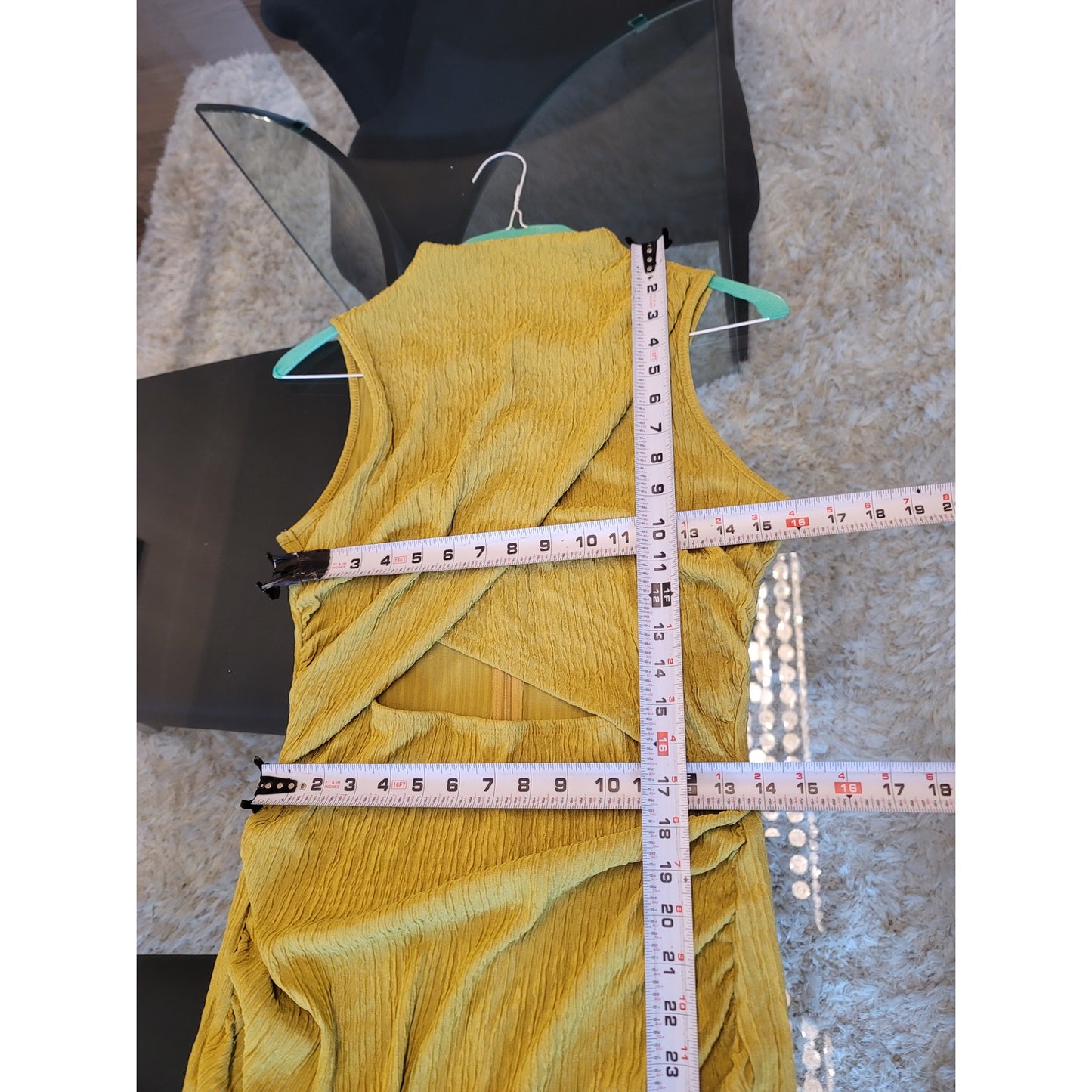 SHEIN Dress Women L Yellow Sleeveless Crinkle Ruched Midi Bodycon Chic