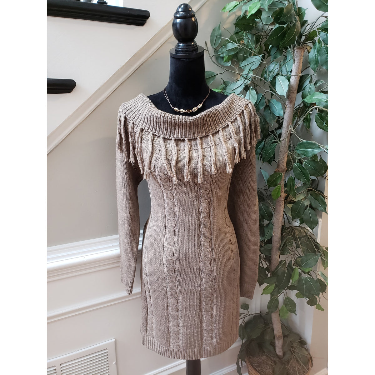 Cozy Casual Sweater Dress Women's Large Brown Geometric Cowl Neck Long Sleeve