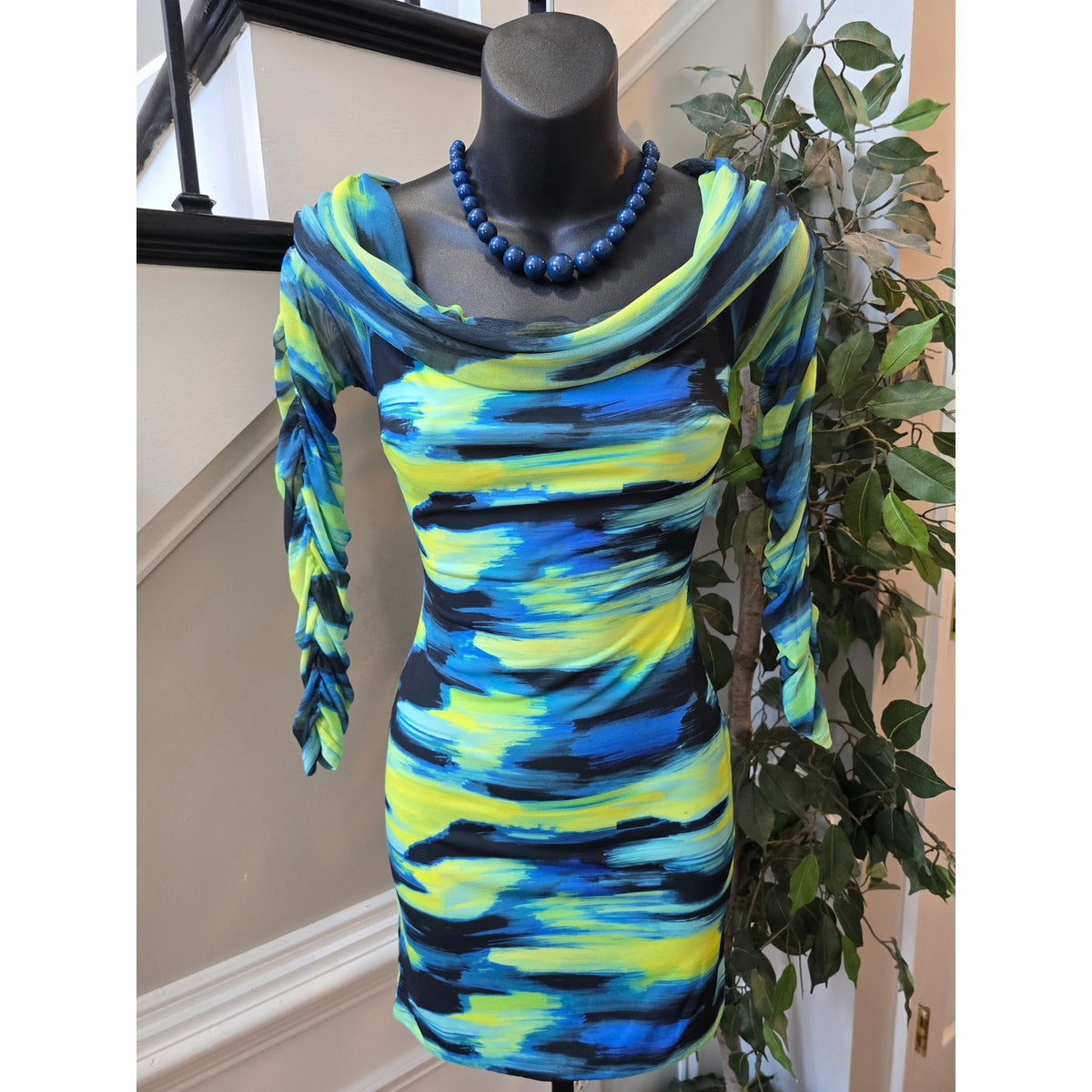 Club L Bodycon Dress 10 Tie Dye Stretch Bardot Neck Ruched Long Sleeve Party