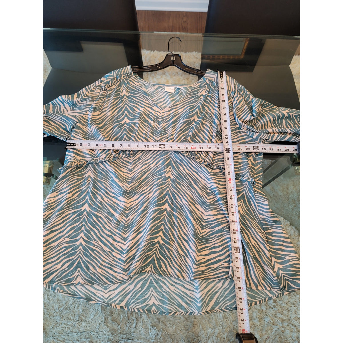 New Directions Blouse 2XL Teal Peach Zebra Ruffle Trim V-Neck Balloon Sleeve