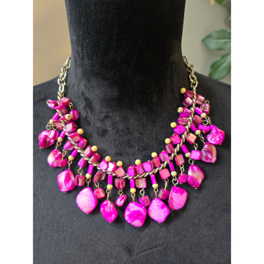 Women's Fuchsia Shell Beaded Bib Necklace with Lobster Clasp Closure
