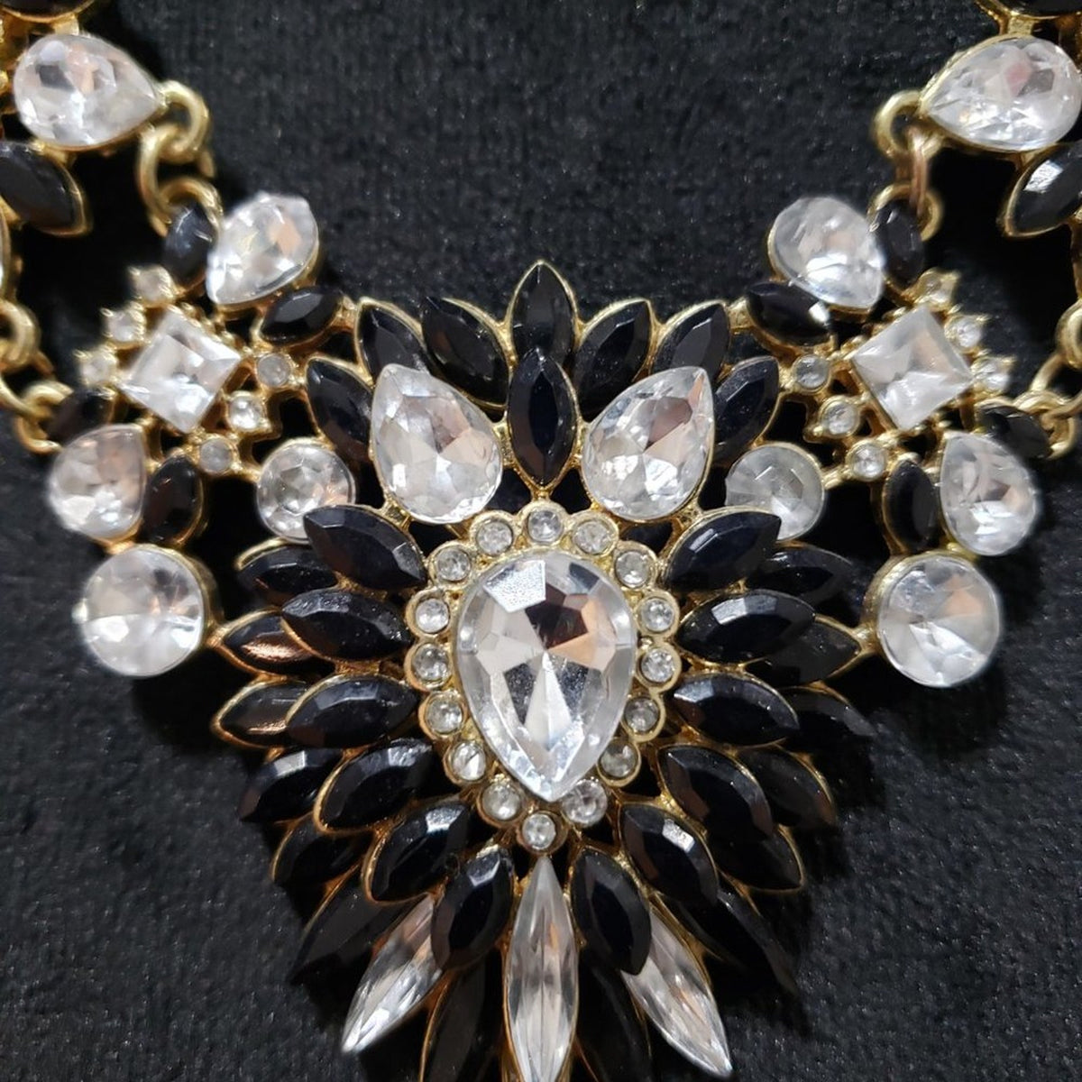 Womens Fashion Black & Clear Gold Tone Statement Bib Necklace with Lobster Clasp