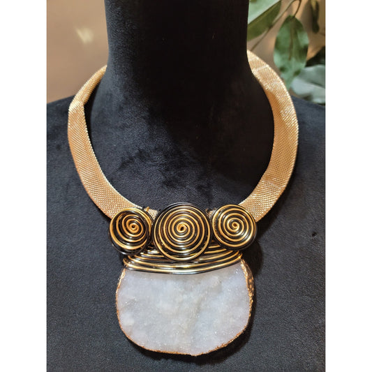 Women's Statement Gold Mesh Necklace With Spiral Wire Design And Druzy Stone