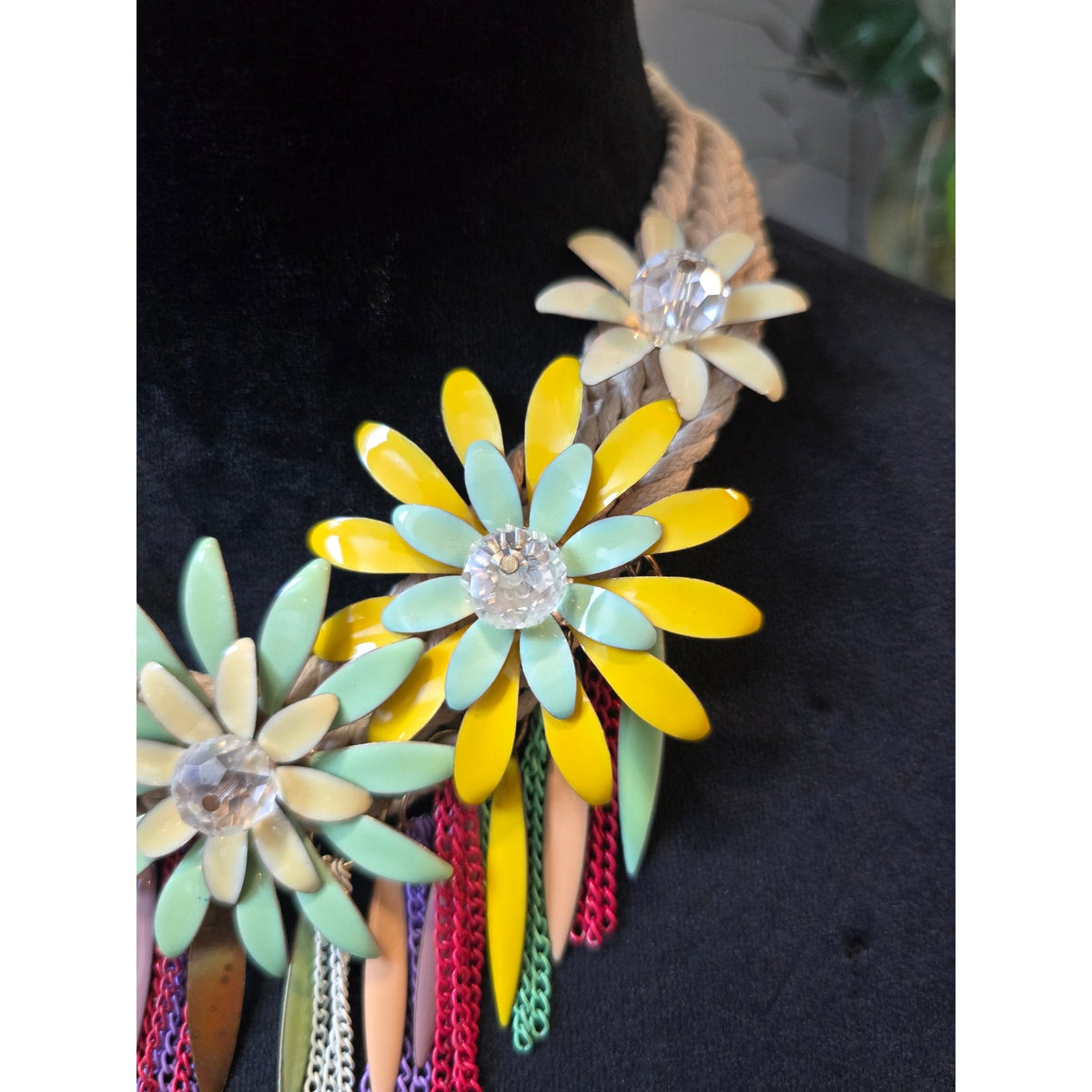 Women's Chunky Enamel Daisy Flowers Tassel Chain Braided Bib Statement Necklace