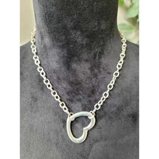 Women's Silver Tone Link Necklace with Heart Pendant and Lobster Clasp