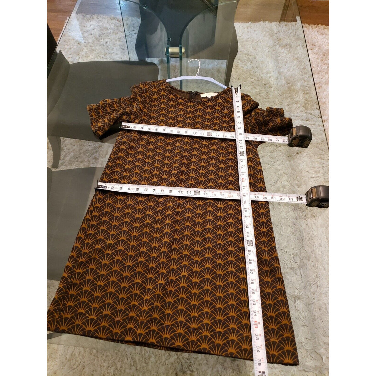 LOFT Women Navy Brown Geometric Short Sleeve Knee Length Shift Dress Size L