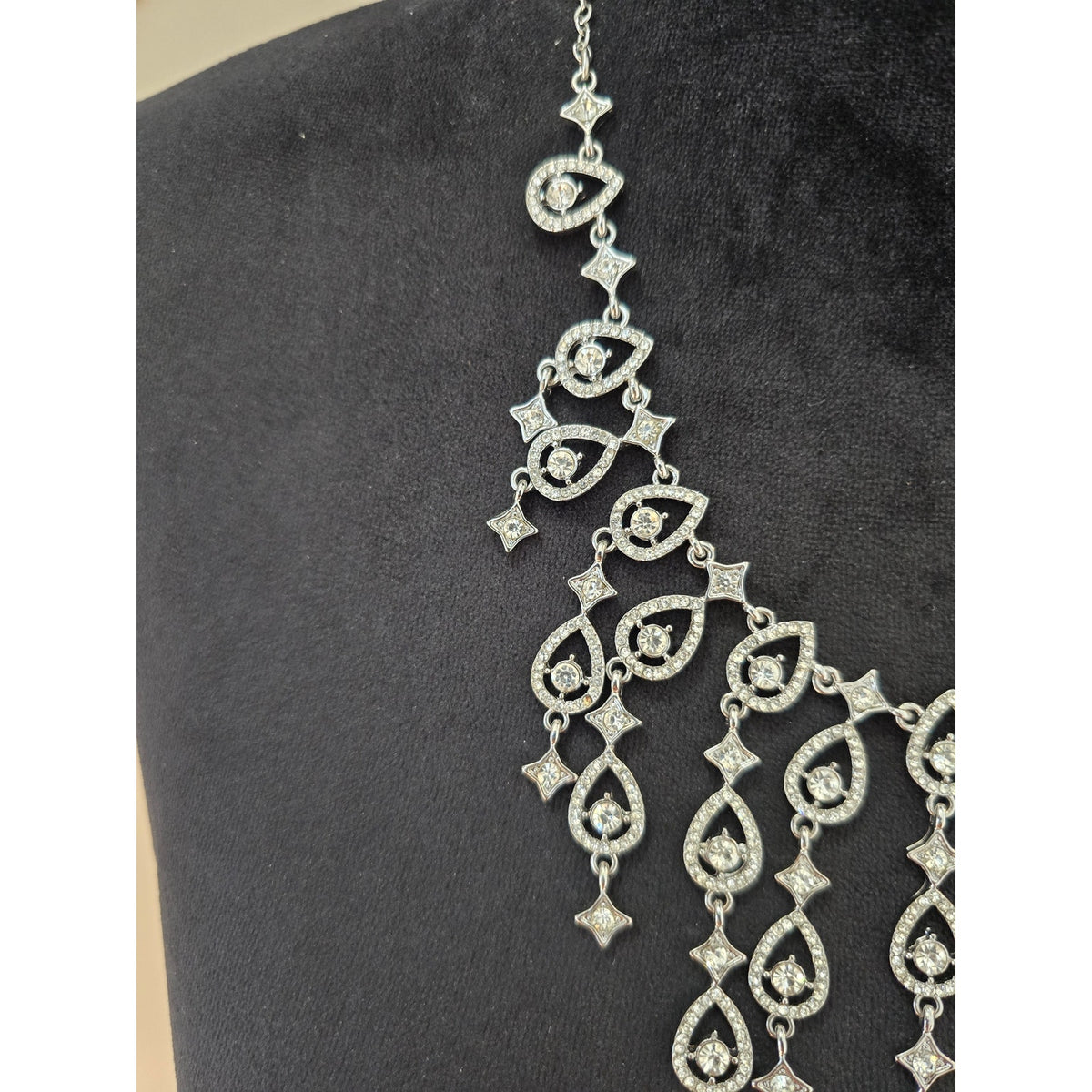 Charming Charlie Silver Tone Rhinestone Chandelier Bib Statement Necklace