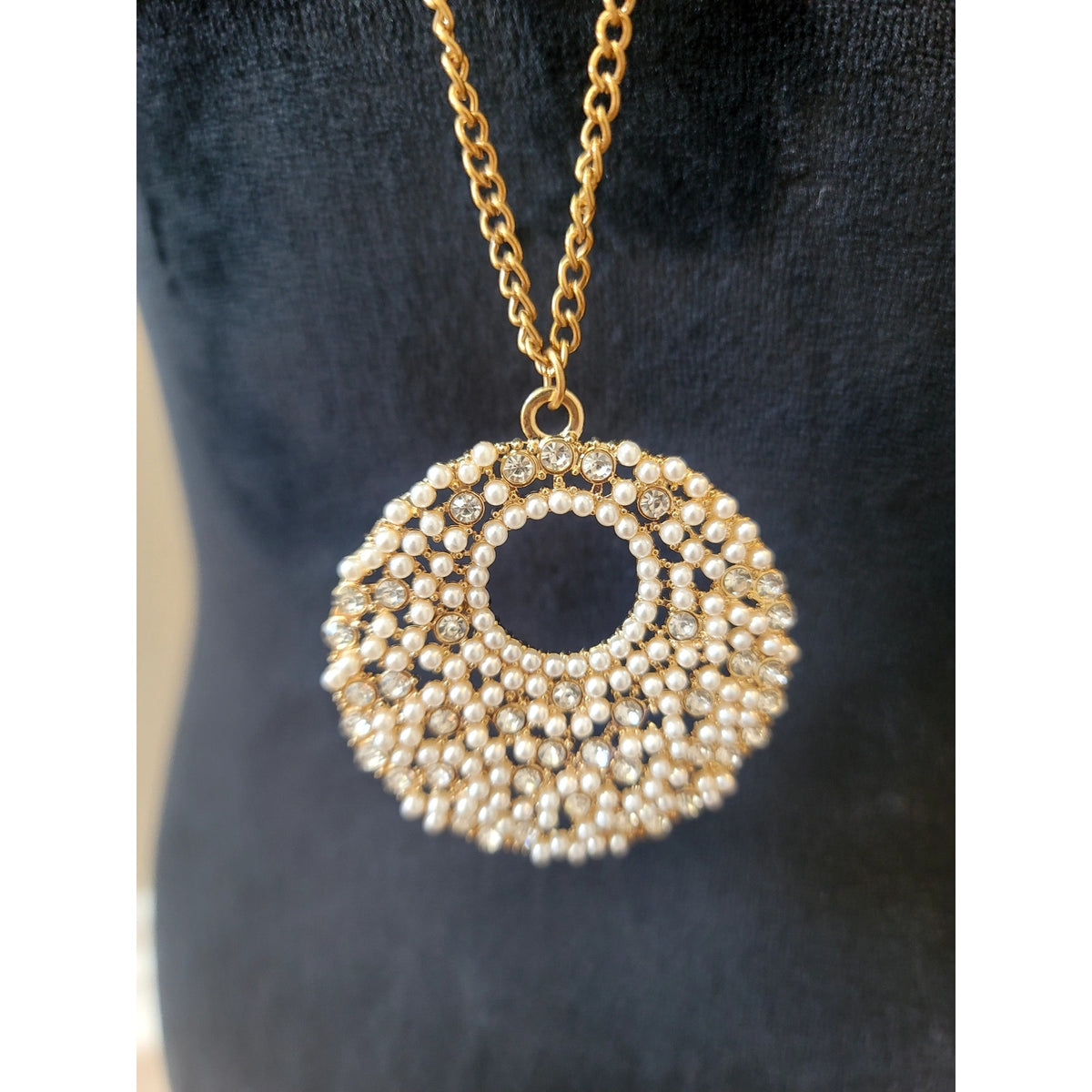 Vintage Gold Tone Long Pendant Necklace White Rhinestone Oval Statement Charm