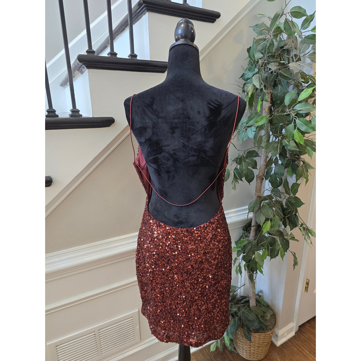 B. Darlin Mini Dress Women's Chest Small Red Sequin Open Back Spaghetti Straps