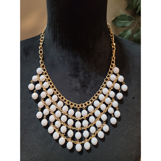 Women's White Beaded Gold Tone Statement Necklace Lobster Clasp Fashion Jewelry