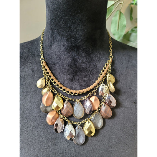Women's Statement Bib Necklace Multi Tone Teardrop Pendant Chain Lobster Clasp