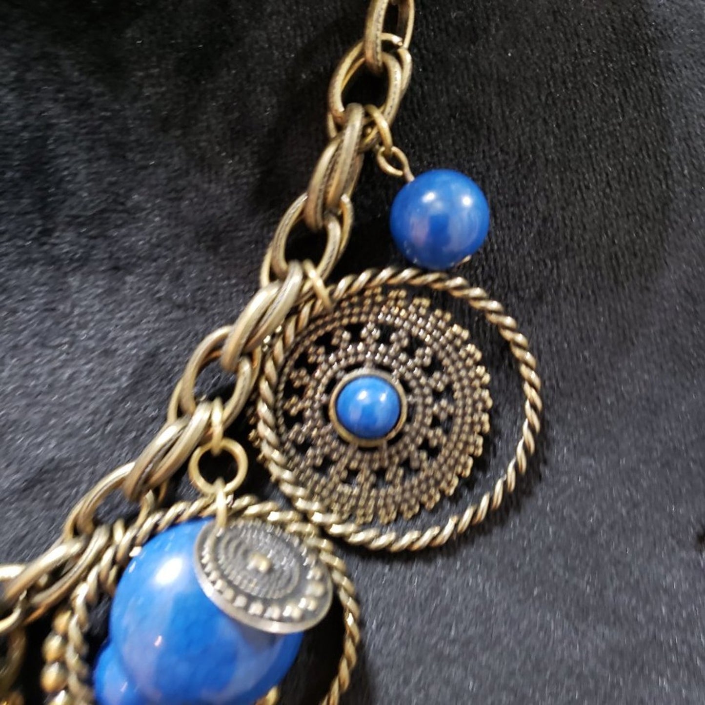 Womens Fashion Indigo Blue Antiqued Brass Chunky Charm Necklace w/ Lobster Clasp