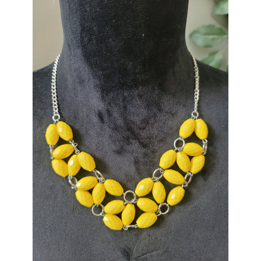 Women's Yellow Beaded Statement Necklace Lobster Clasp Silver Tone Chain