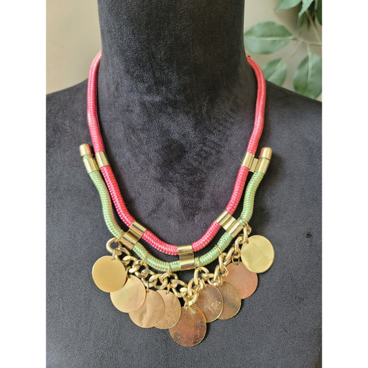 Women's Gold Tone LOFT Charm Disc Necklace With Pink And Green Braided Cord