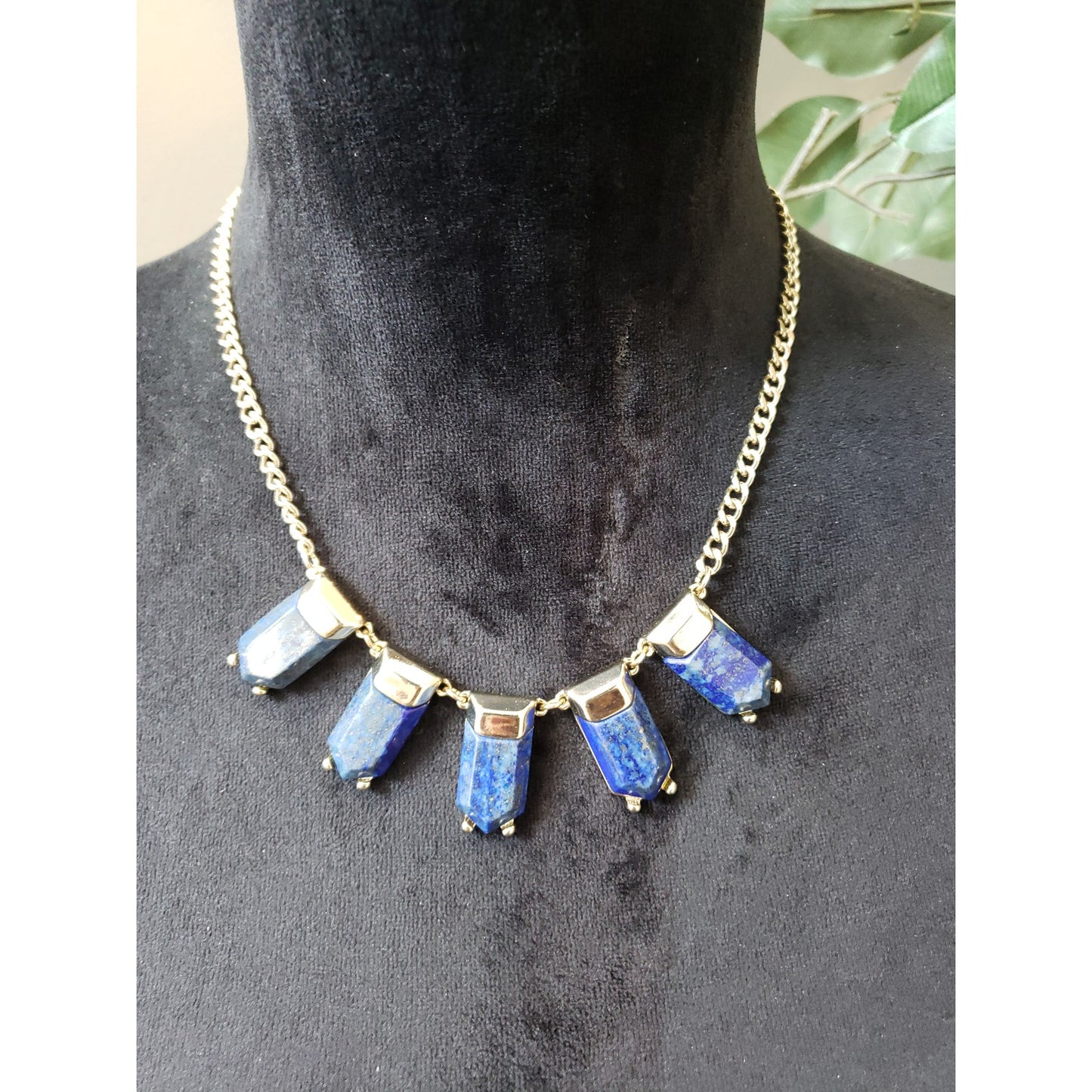 Vintage Lapis Blue Gold Tone Necklace Geometric Stone Link Chain Statement