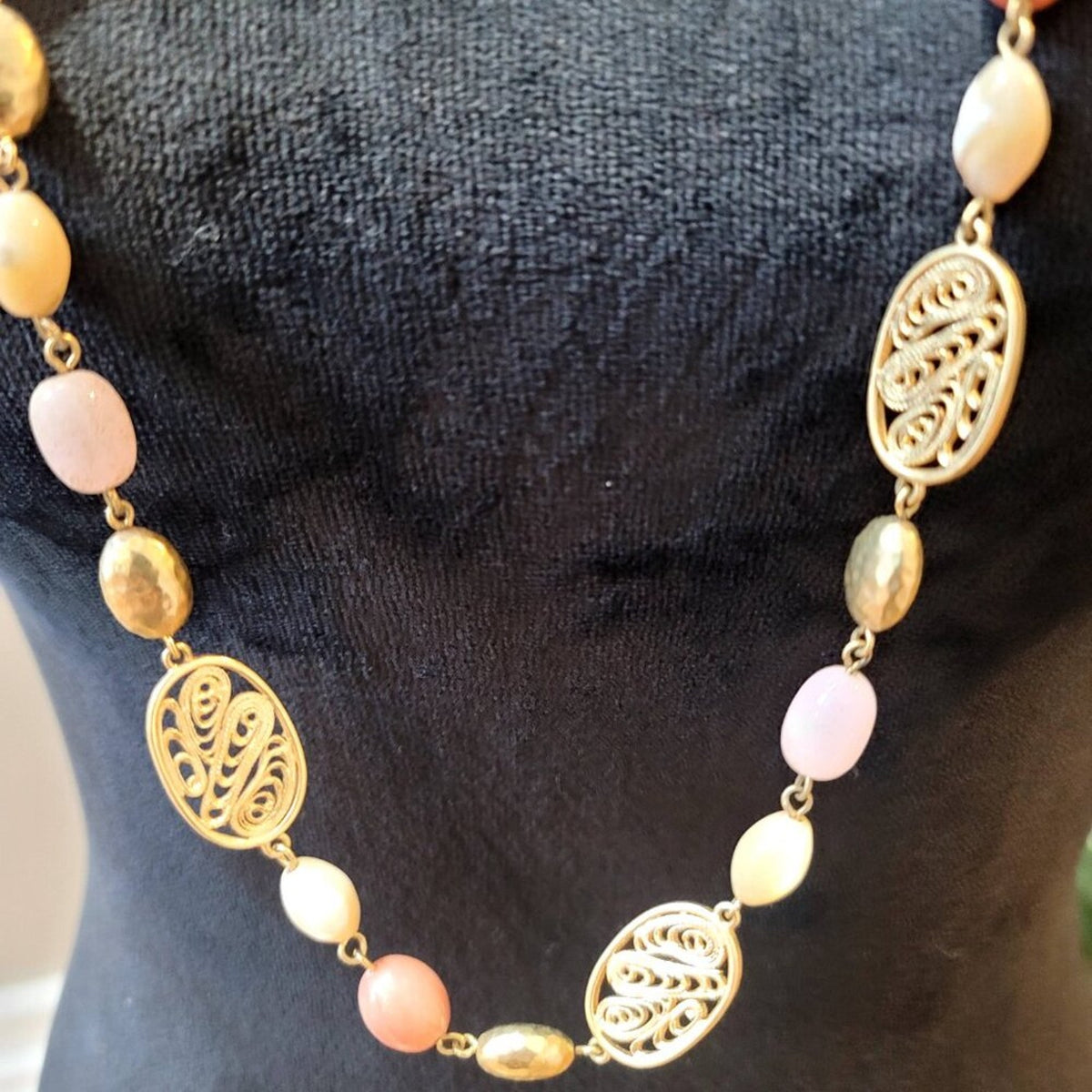 Womens Fashion Pink and Gold Pearl Beaded Necklace Jewelry with Lobster Clasp