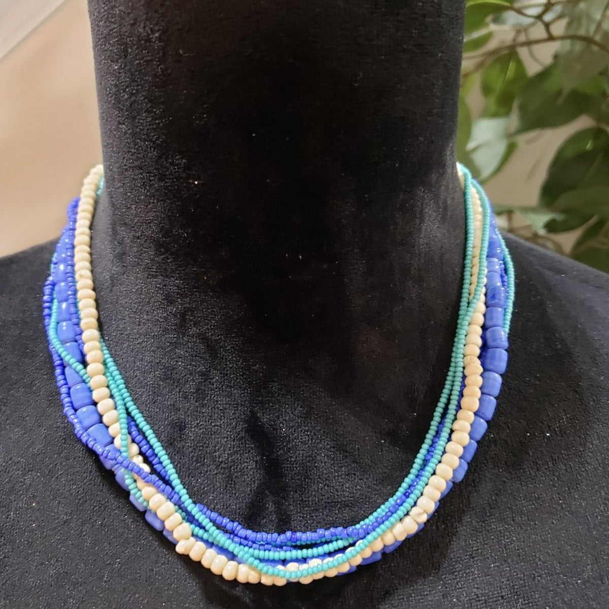 Womens Fashion Seed Bead Lapislazuli Multi Strand Collar Necklace Lobster Clasp