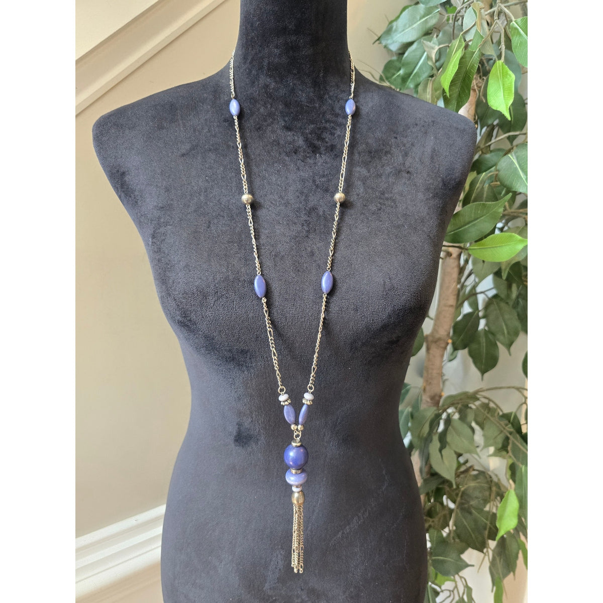Purple Blue Beaded Long Gold Tone Chain Tassel Pendant Necklace