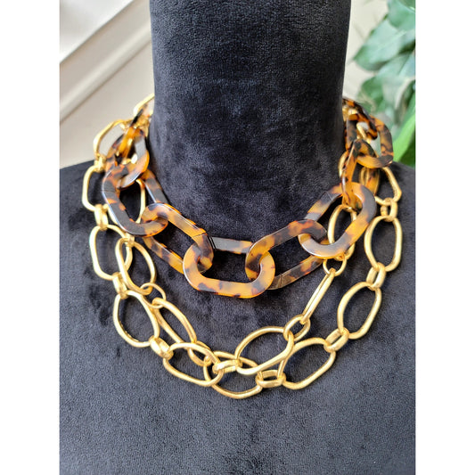 Women's Tortoise Statement Necklace Layered Gold Oval Link Chain Fashion Necklace