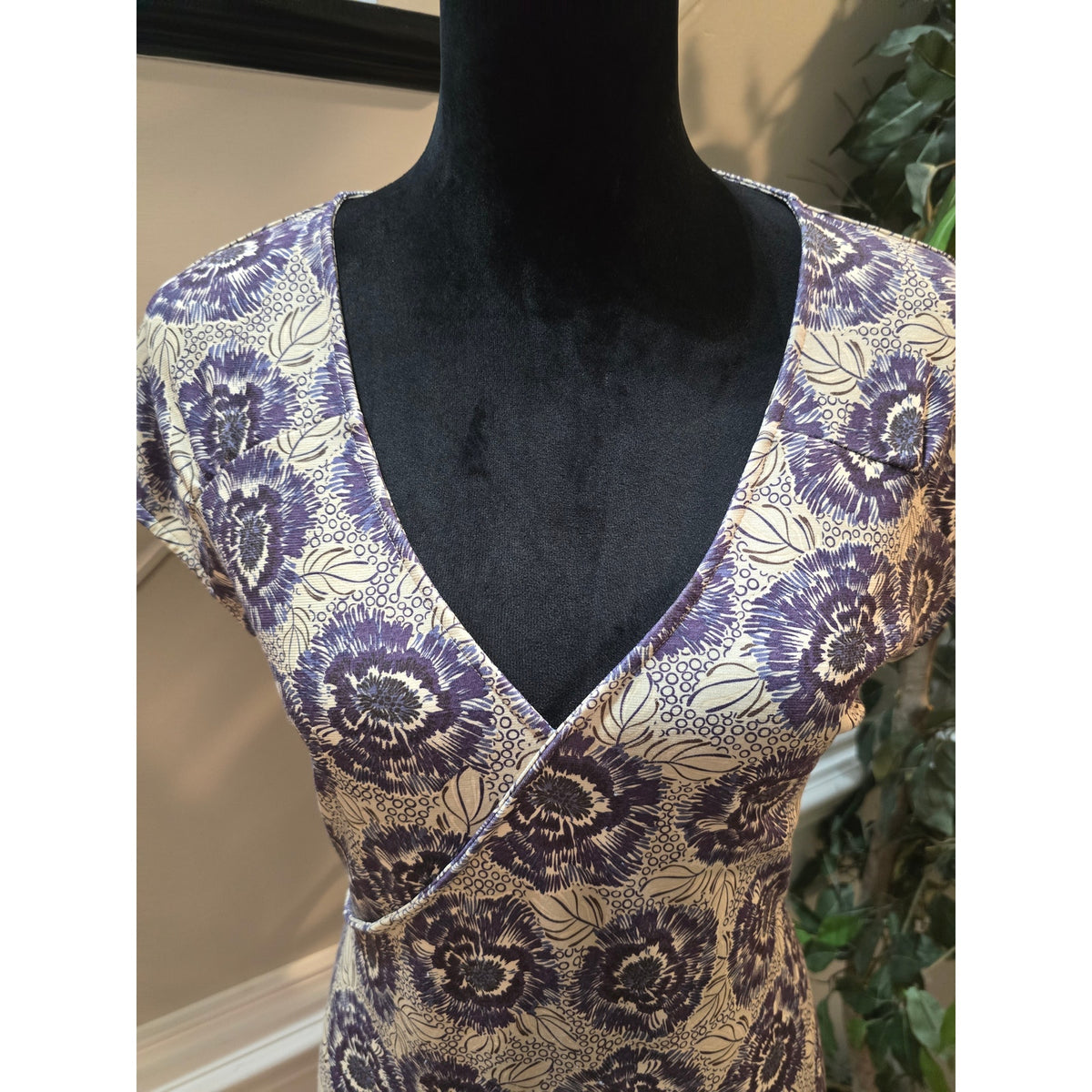 Rei Wrap Dress Women's Size XL Purple/Cream Floral V Neck Side Zip Pockets