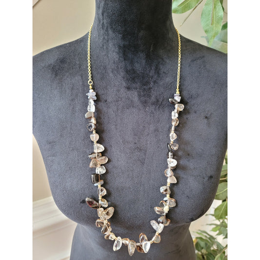 Women's Smoky Quartz Chip Bead Necklace With Gold Chain And Lobster Clasp Lock
