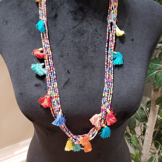 Womens Fashion Multicolor Woven Seed Bead 6 Strand Pendant Tassel Long Necklace
