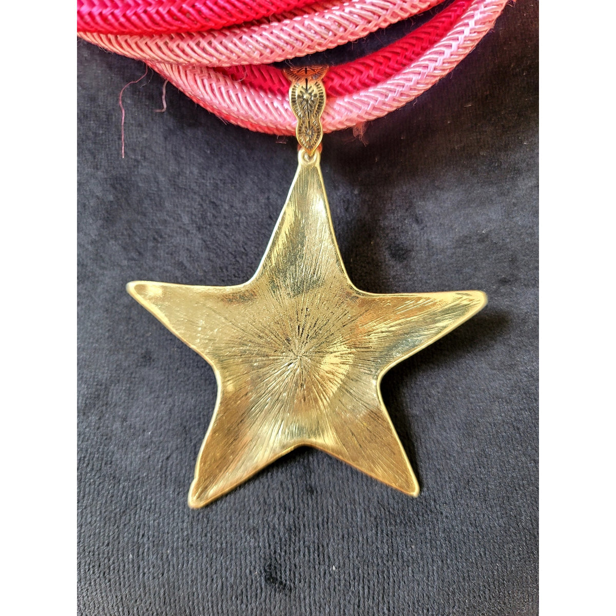 Pink Multi Strand Cord Necklace Large Gold Tone Star Pendant Statement Jewelry