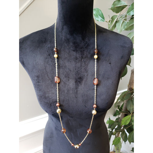 Long Gold Tone Necklace Amber Brown Faceted Beads Lobster Clasp Boho Style