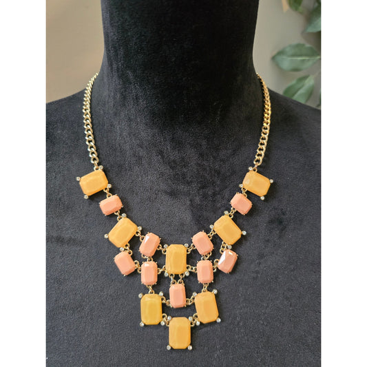 Women's Gold Statement Necklace With Peach And Yellow Stones Lobster Clasp
