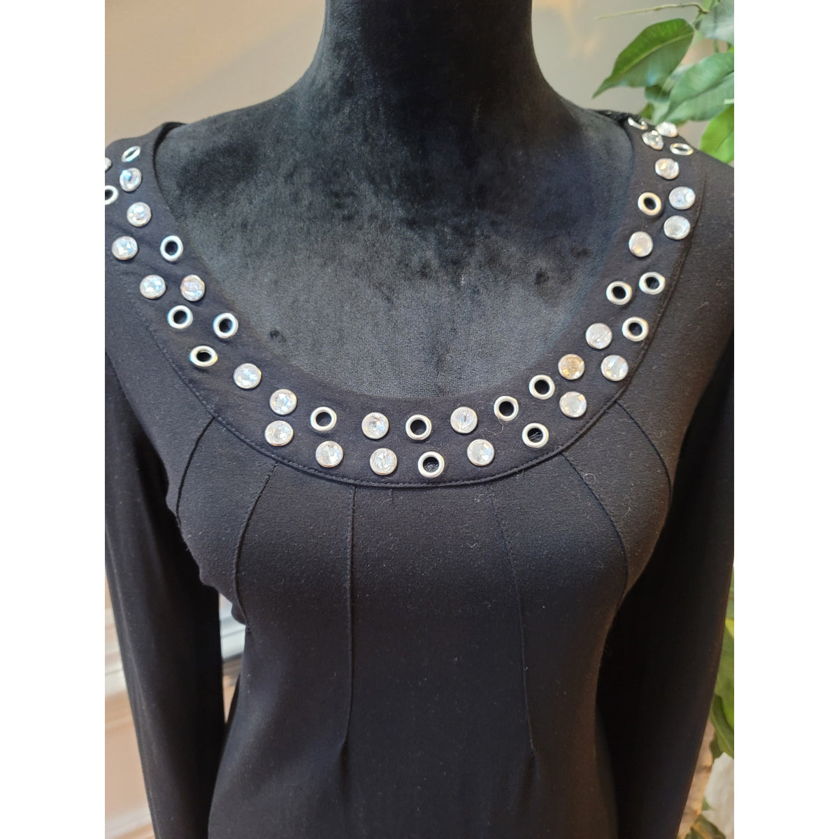 INC International Concepts Blouse L Black Rhinestone Grommet Embellished Scoop