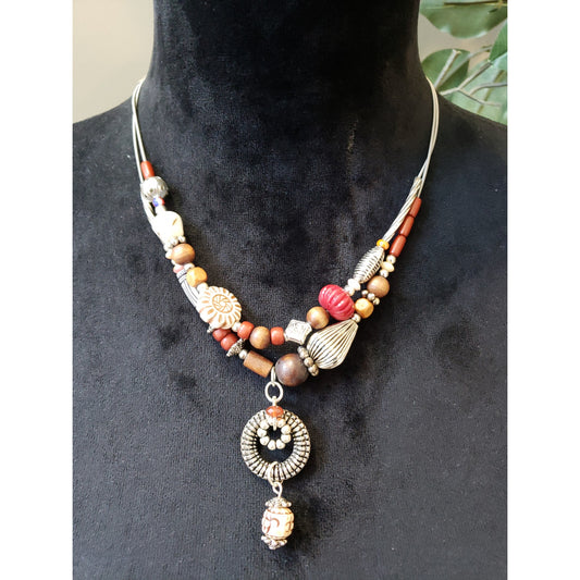 Women Boho Tribal Beaded Necklace Mixed Wood Metal Pendant Lobster Clasp