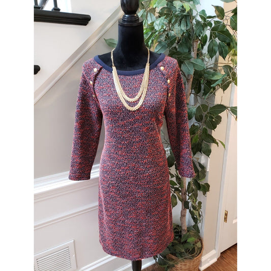 Talbots Women Red & Blue Polyester Round Neck 3/4 Sleeve Knee Length Dress Large