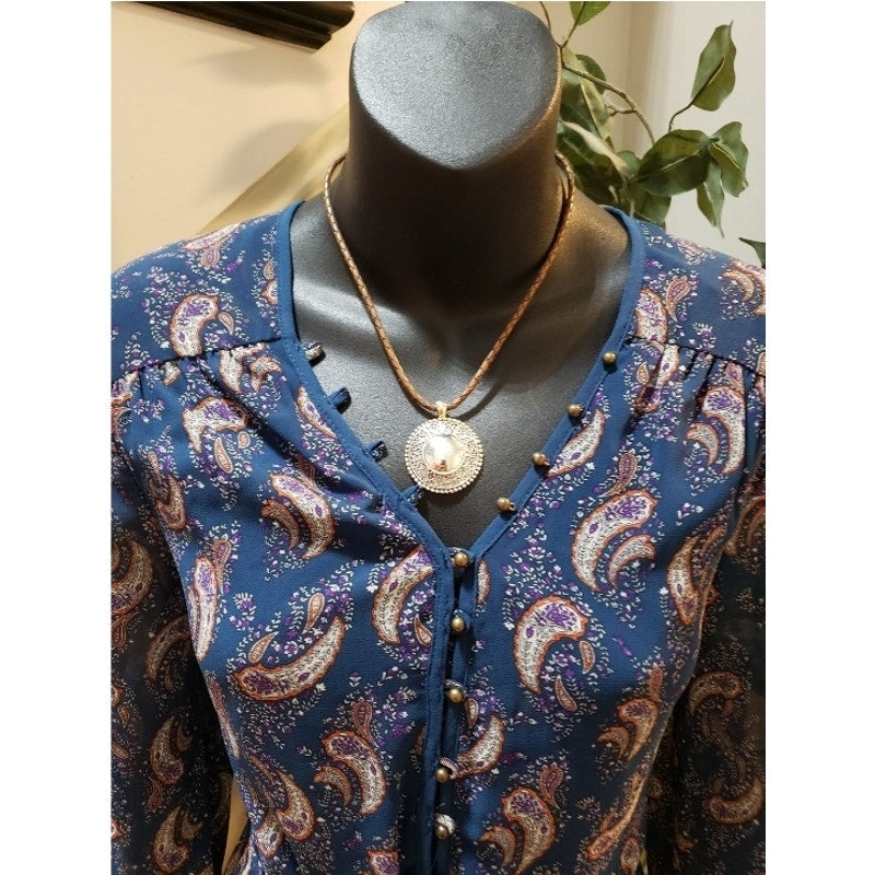 DR2 A Line Dress Women Navy Paisley Tie Waist Long Sleeve V Neck Button Front XS