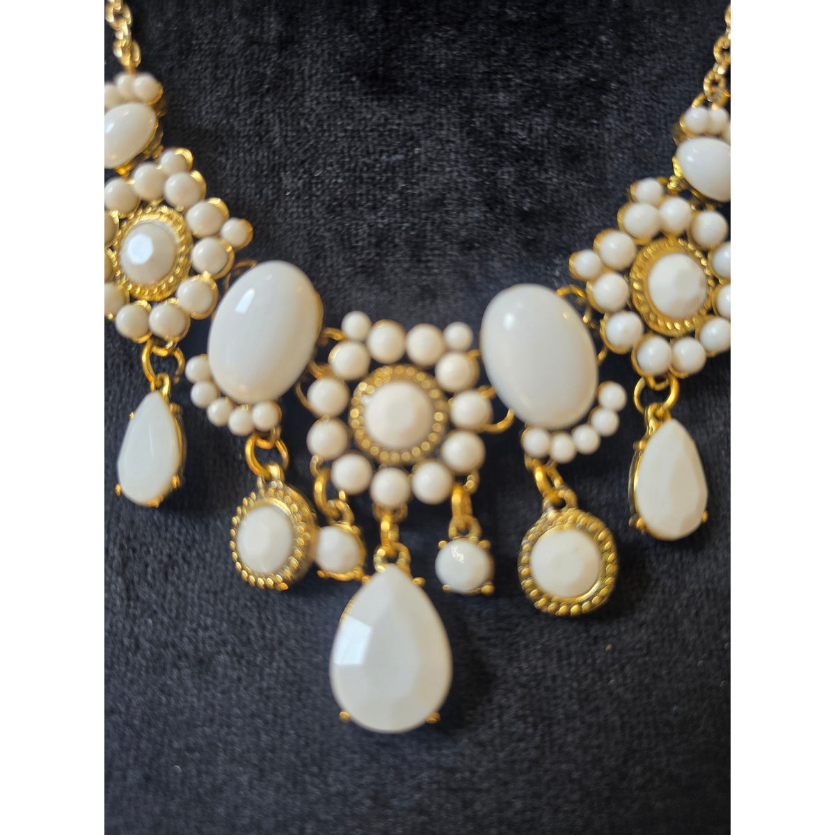 Gold Tone Ivory Pearl Rhinestone Teardrop Bib Statement Necklace