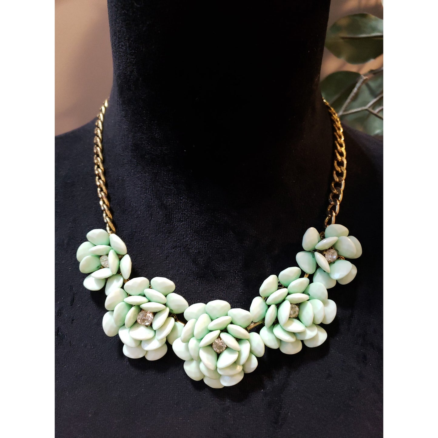 Women's Mint Green Floral Statement Necklace Gold Chain Crystal Accent