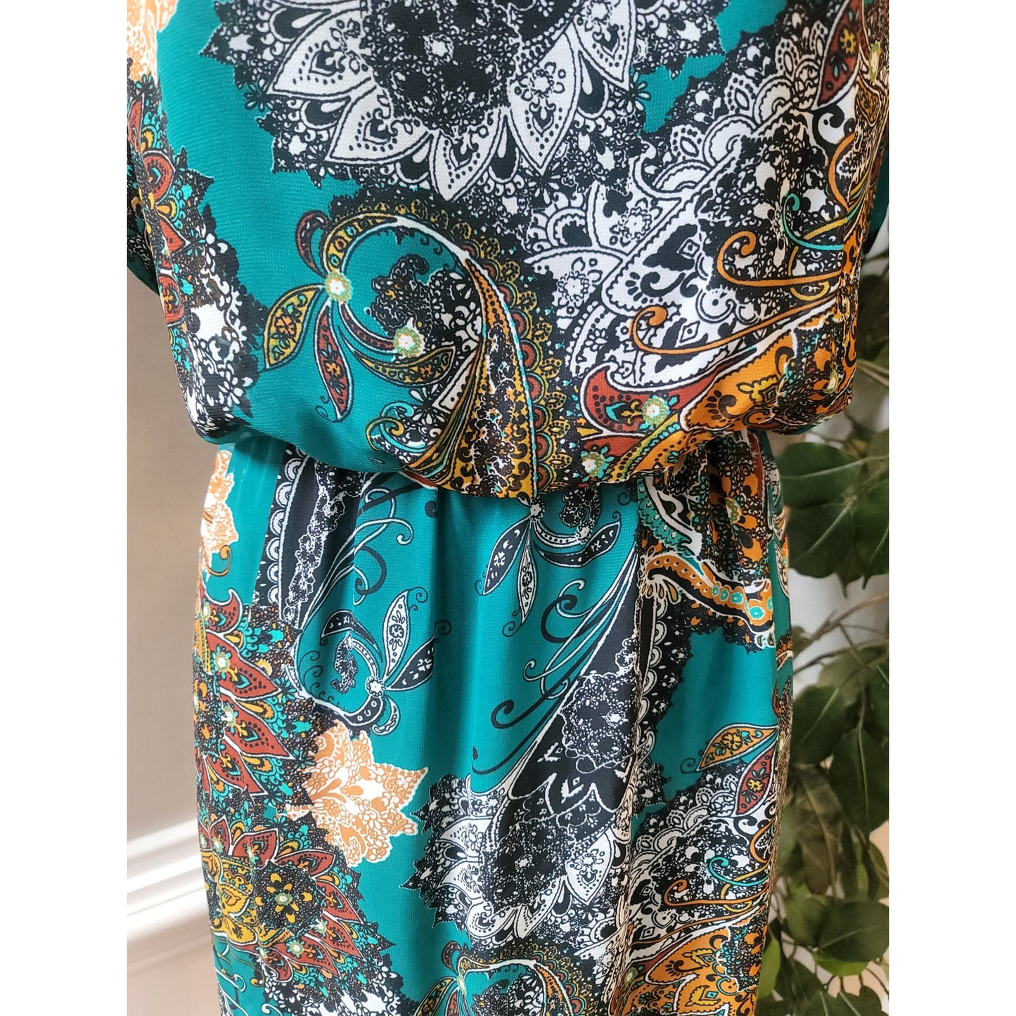Sweet Storm Dress Womens Medium Teal Multicolor Paisley Boho Casual Lightweight