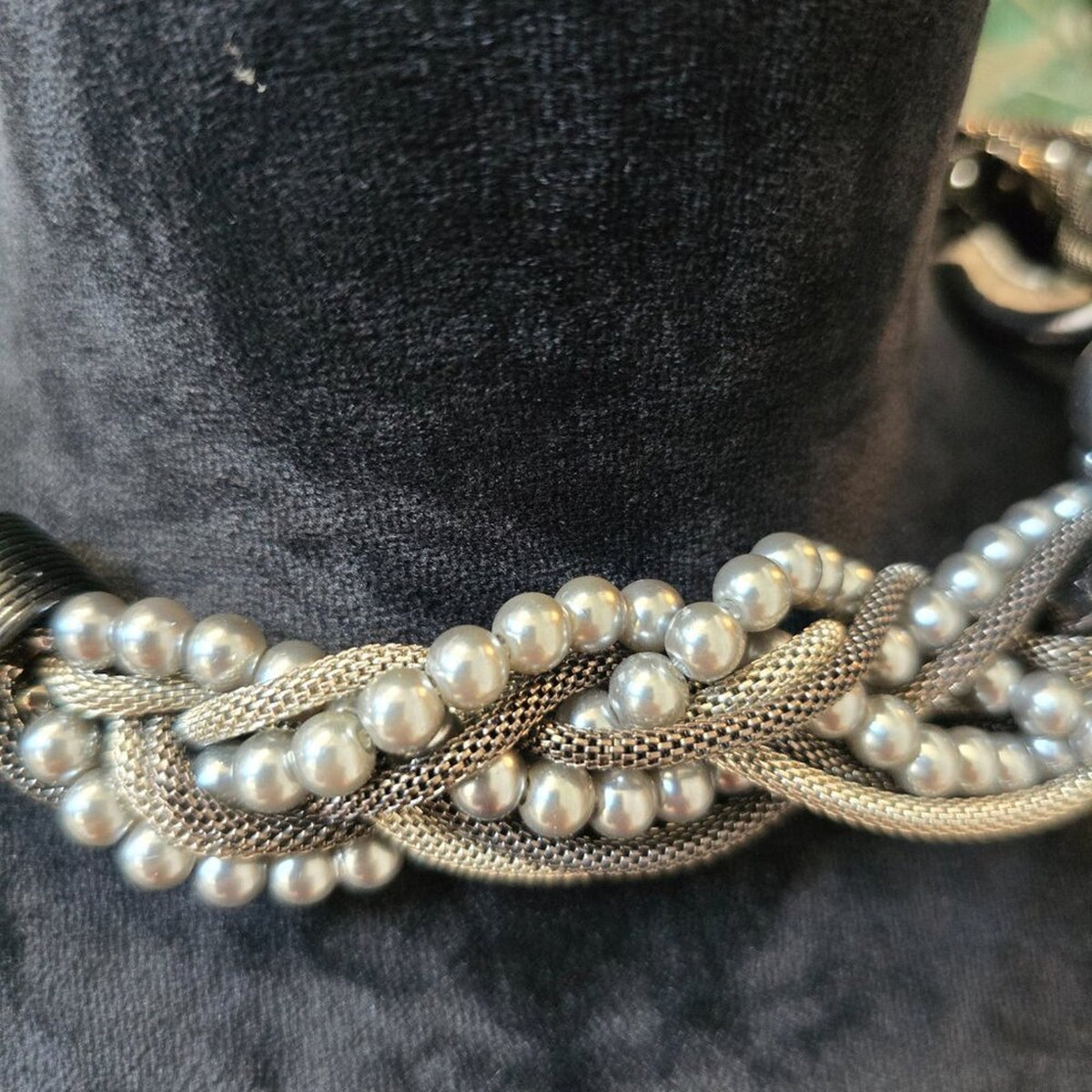 Women Silver Tone Imitation Pearl Multi Strand Braided Necklace w/ Lobster Clasp