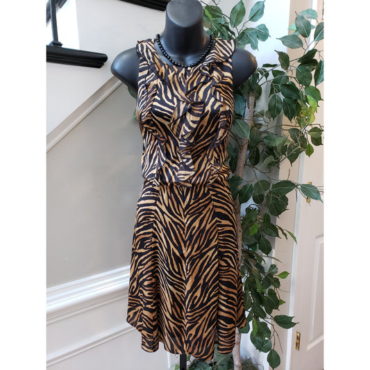 White House Black Market Shift Dress Women 2 Brown Black Zebra Print Silk Ruffle