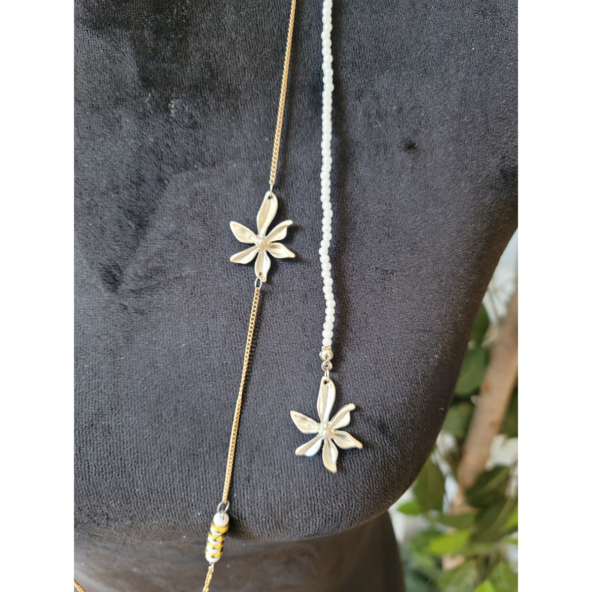 Women's Long Beaded Necklace With Floral Charms And Lobster Clasp Lock