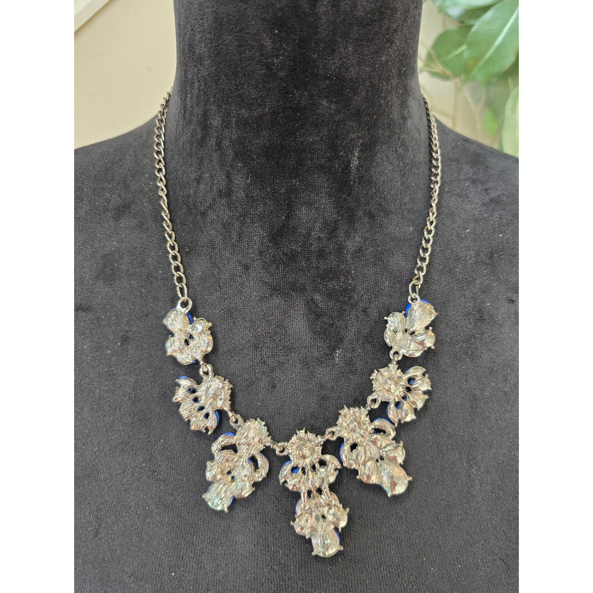 Royal Blue Rhinestone Crystal Floral Bib Statement Necklace