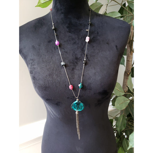 Vintage Womens Gold Tone Multicolor Glass Beaded Station Chains Tassel Necklace