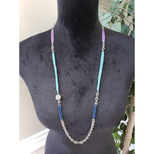 Womens Silver Tone Rhinestone Multi Chains Circle Link Necklace w/ Lobster Clasp