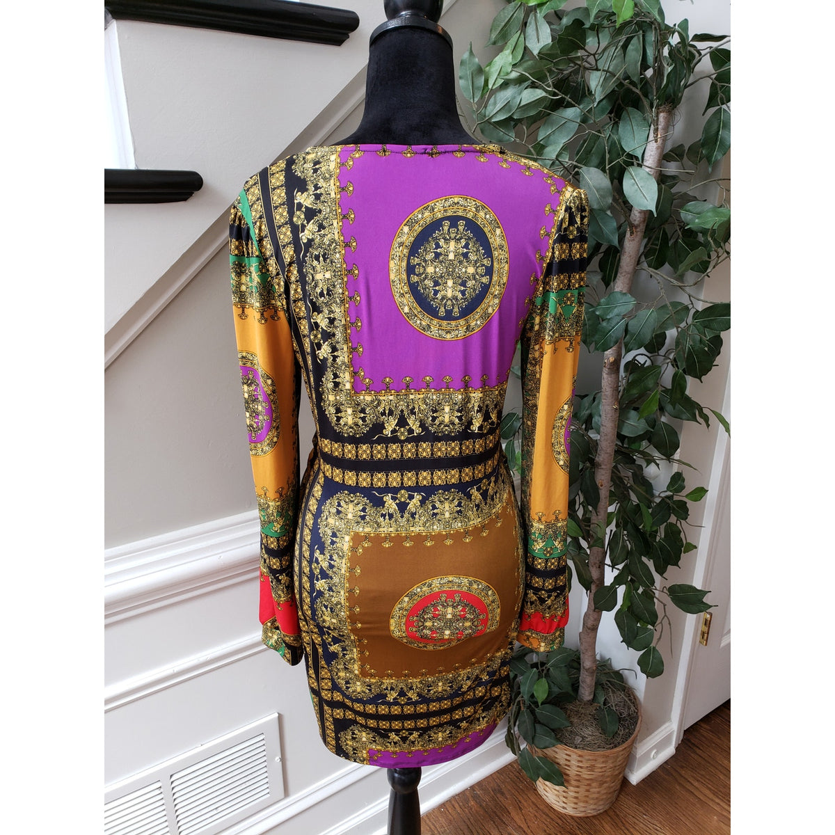 Fashion Nova Fit & Flare Dress Womens Large Multi Geometric Stretch Long Sleeve