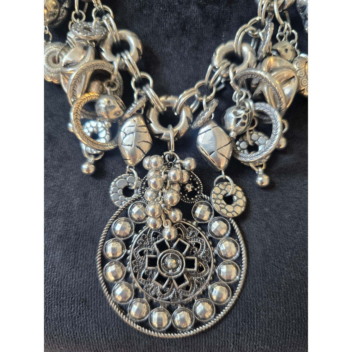 Antique Silver Tone Boho Medallion Charm Statement Necklace Beaded Pendant
