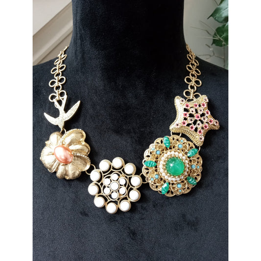 Gold Tone Floral Charm Statement Necklace Green Crystal White Enamel Necklace
