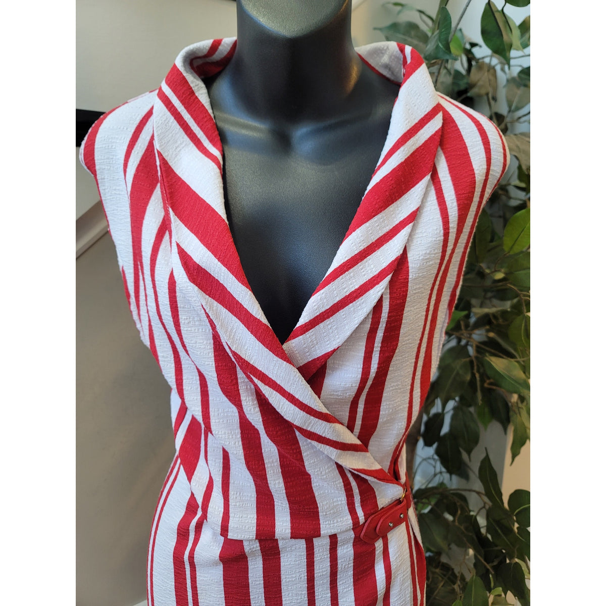 Ashley Stewart Maxi Dress Womens 22 Red White Striped Shawl Lapel Party/Cocktail