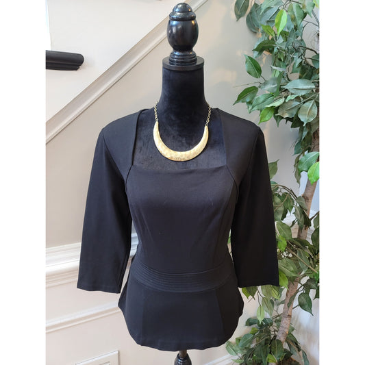 White House Black Market Peplum Top S Black Stretch Square 3/4 Sleeve Pullover