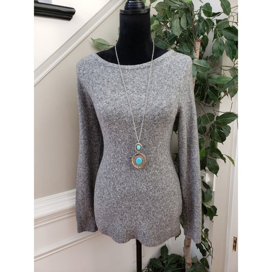 Loft Gray Solid Cotton Open Back Twist Crew Neck Long Sleeve Sweater Size Small