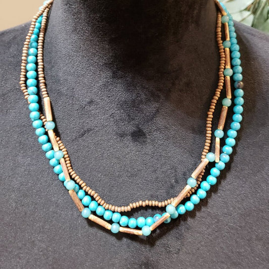 Womens Fashion Blue & Beige Wooden Beaded 3 Strand Necklace with Lobster Clasp